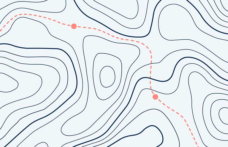 An abstracted topographical map with a dotted red line making its way through a path.