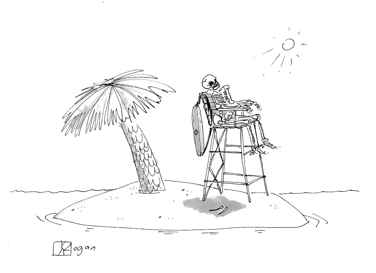 (Lifeguard on desert island has turned into a skeleton.)