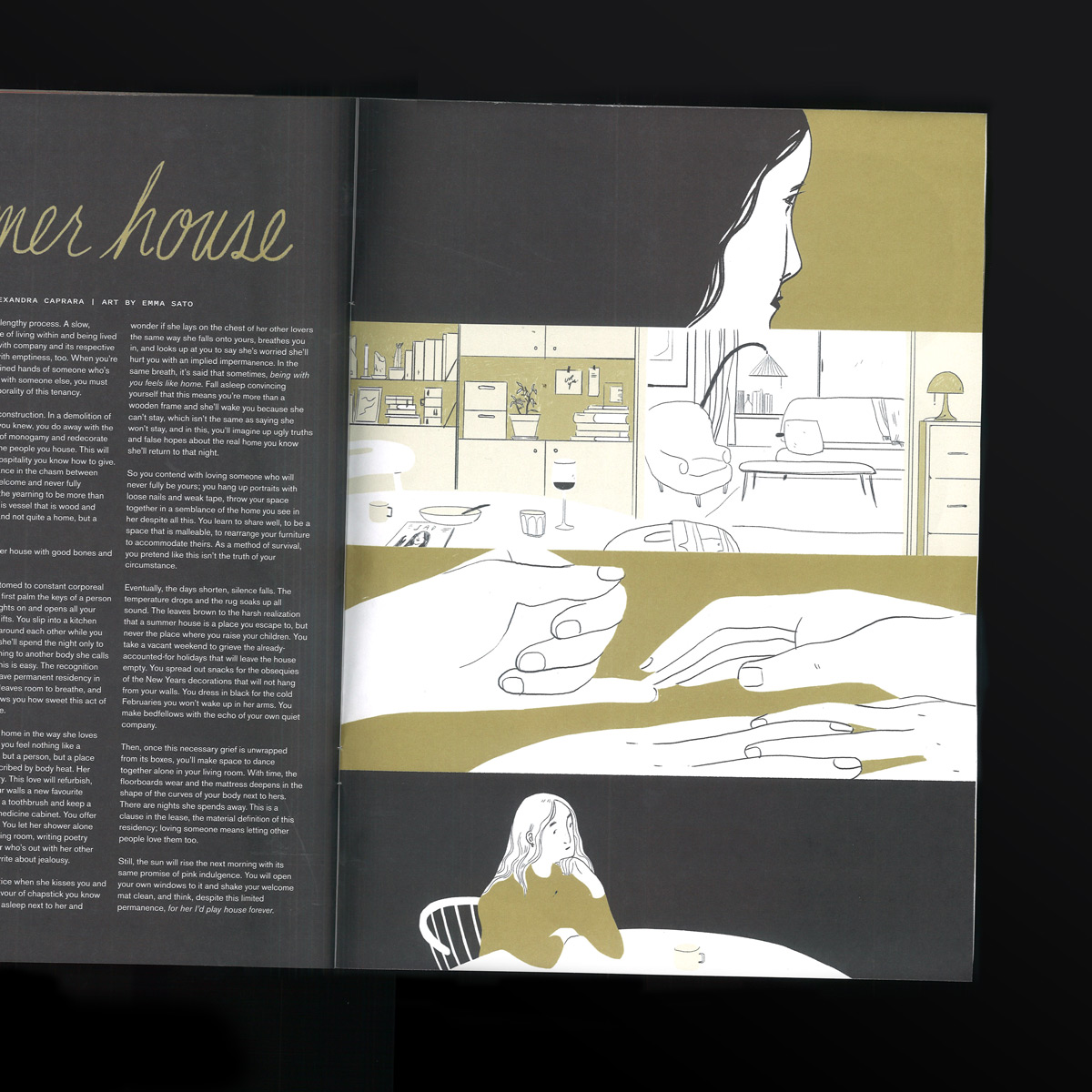 Scan of a magazine spread illustration in four horizontal panels exploring a woman's relationship to her home and partner. For Sad Magazine, January 2023 issue