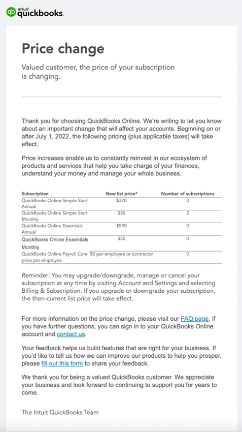 SaaS Pricing Update Emails: Screenshot of pricing update email from QuickBooks