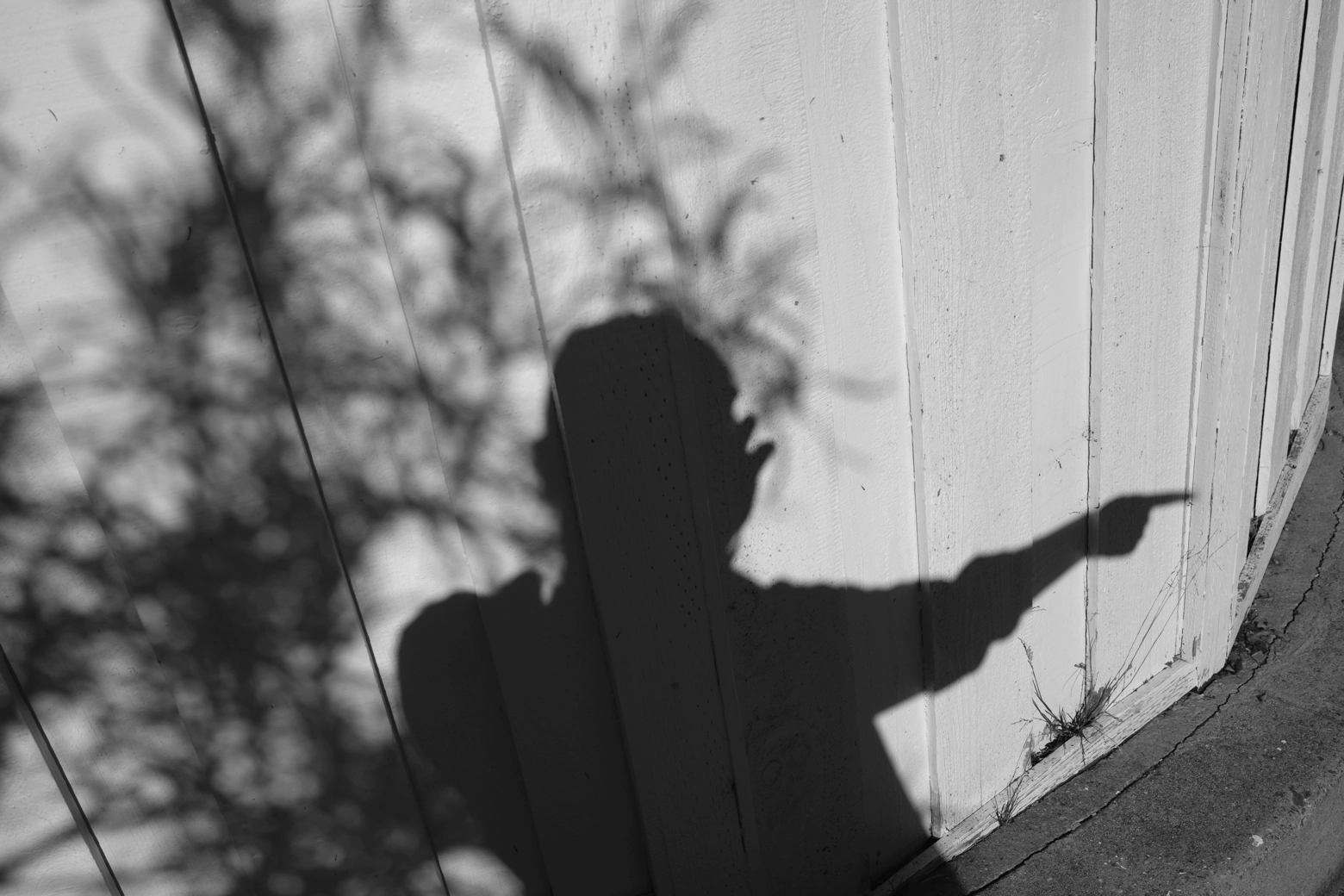 A human shadow distorted across a wooden fence with a finger extended, pointing to the right