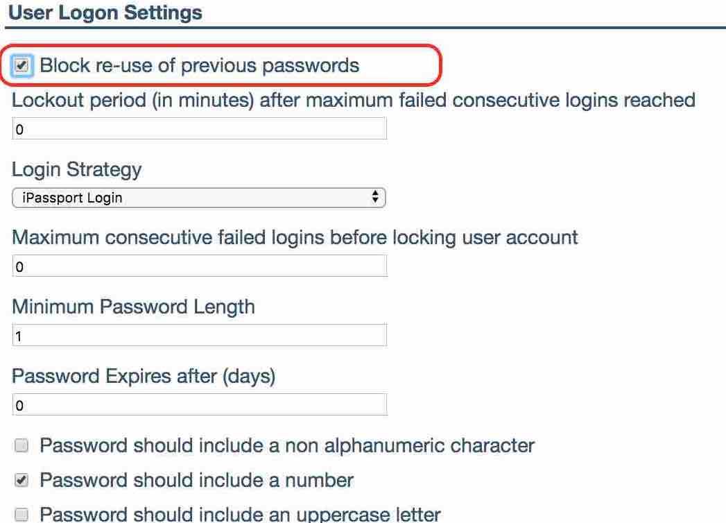 Block re-use of previous passwords is checked