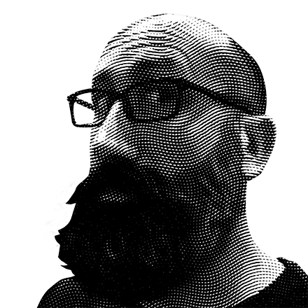 Halftone black and white image of Jason DeTiberus