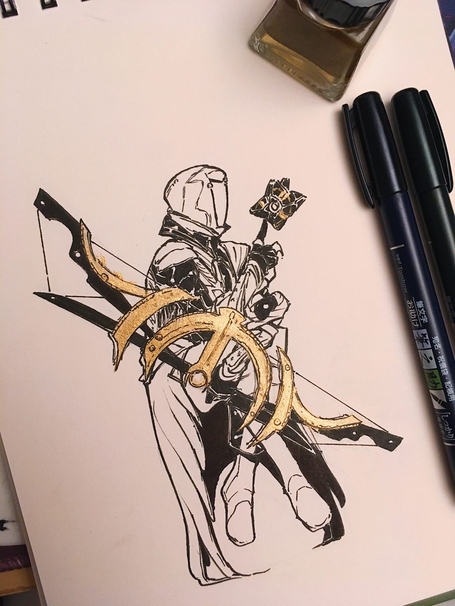 Inked version, with the bow in gold ink.