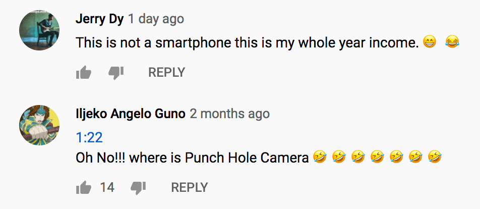 Example of YouTube comments with emojis and extra punctuation.