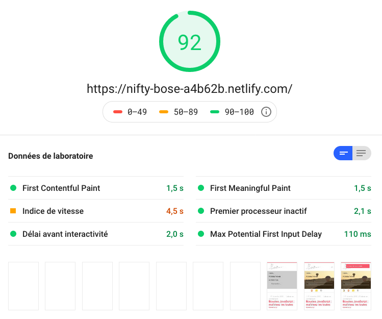 résultat Google Pagespeed pour netlify