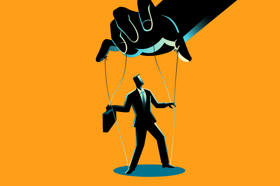 Illustration of a business man being manipulated by a puppet master's hand