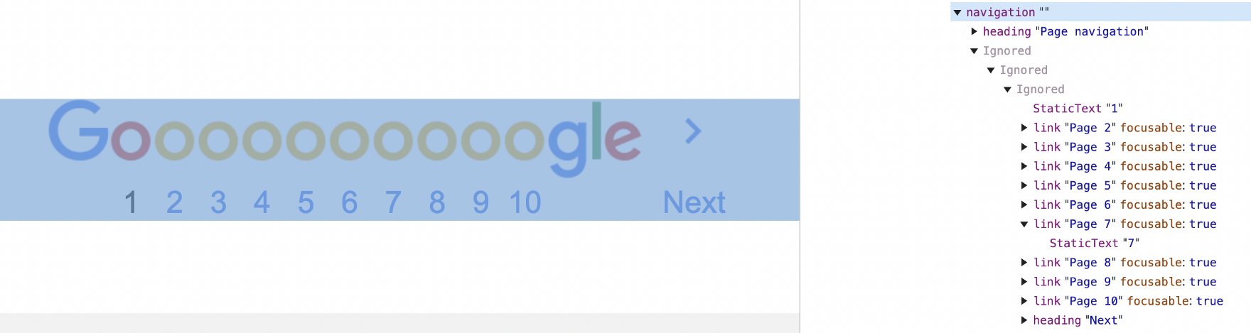 A screenshot of the “Goooooooogle” graphic in Google’s pagination, side by side with its accessibility tree showing a simple list of links to pages.