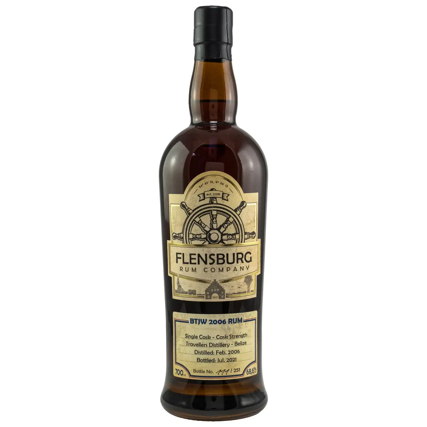 Image of the front of the bottle of the rum Flensburg Rum Company Selected by Jürgen Wiese BTJW