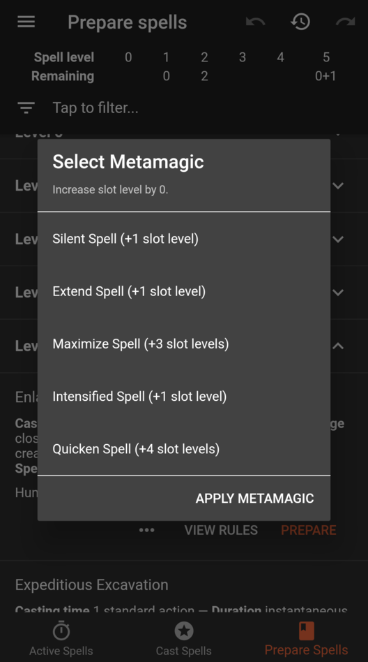 A dialog box to apply metamagic to a spell