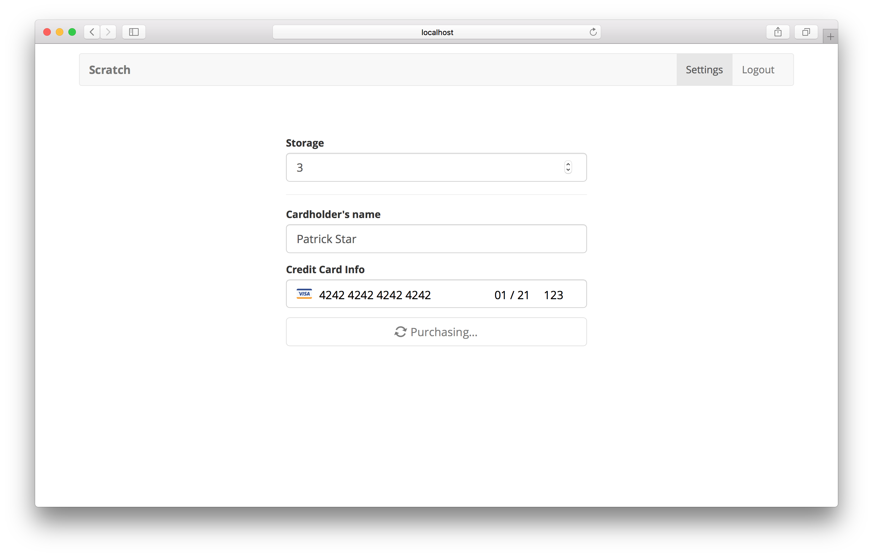 Settings screen with billing form screenshot