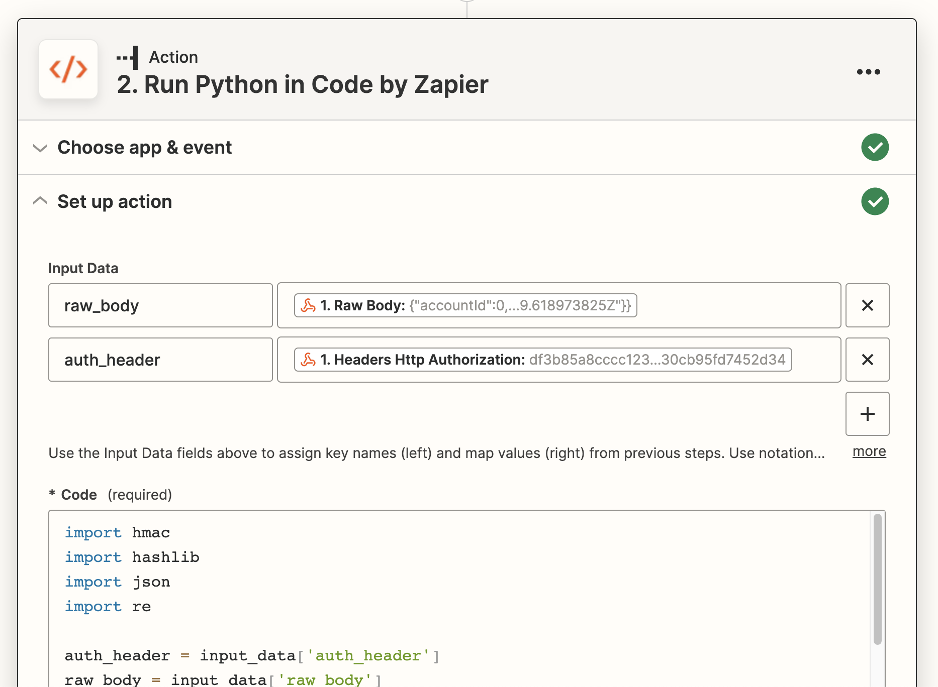 Screenshot of the Zapier UI, showing the mappings of raw_body and auth_header