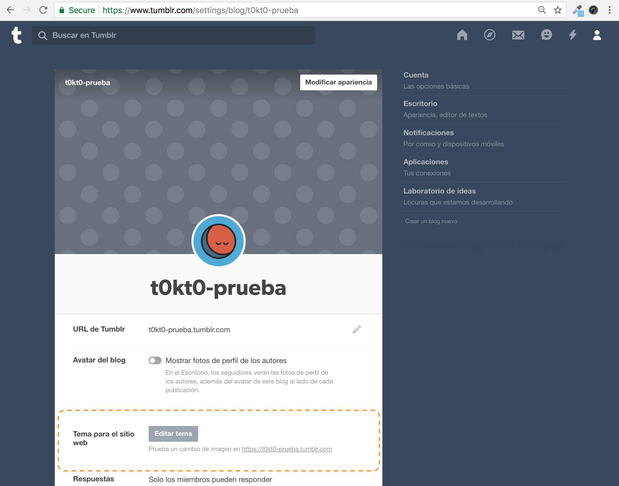 Screenshot of Tumblr configuration
