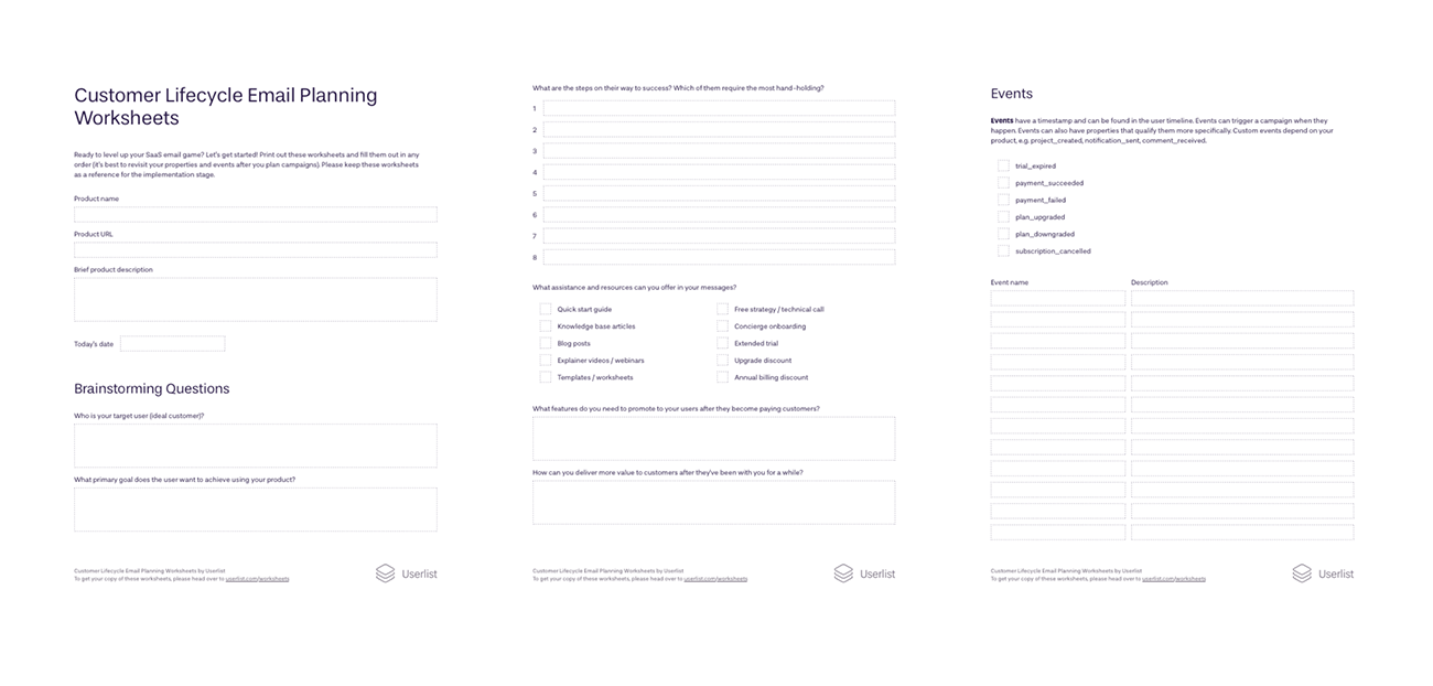 Screenshot of our customer lifecycle email planning worksheets