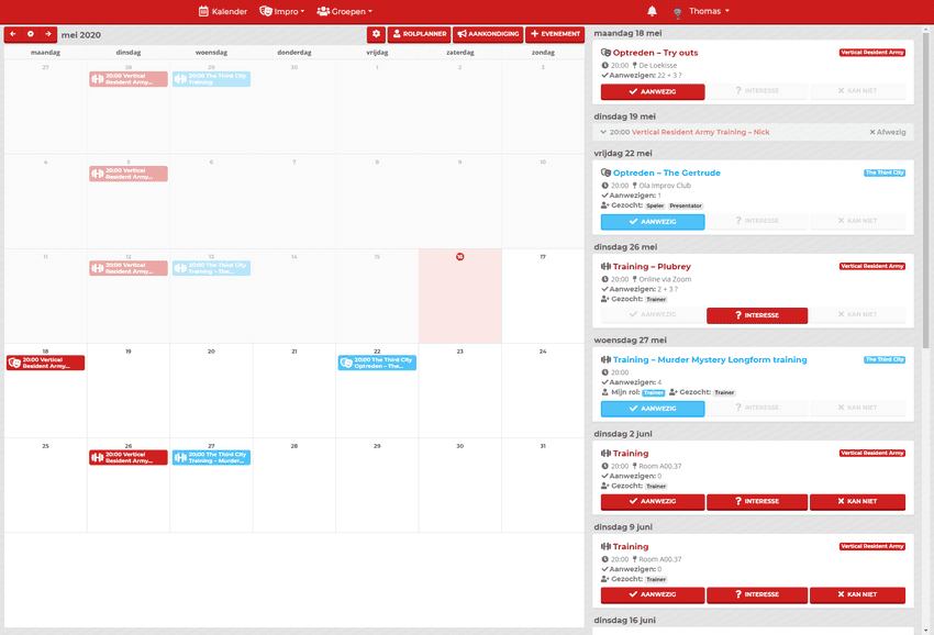 The calendar page, displaying the month overview and the event list