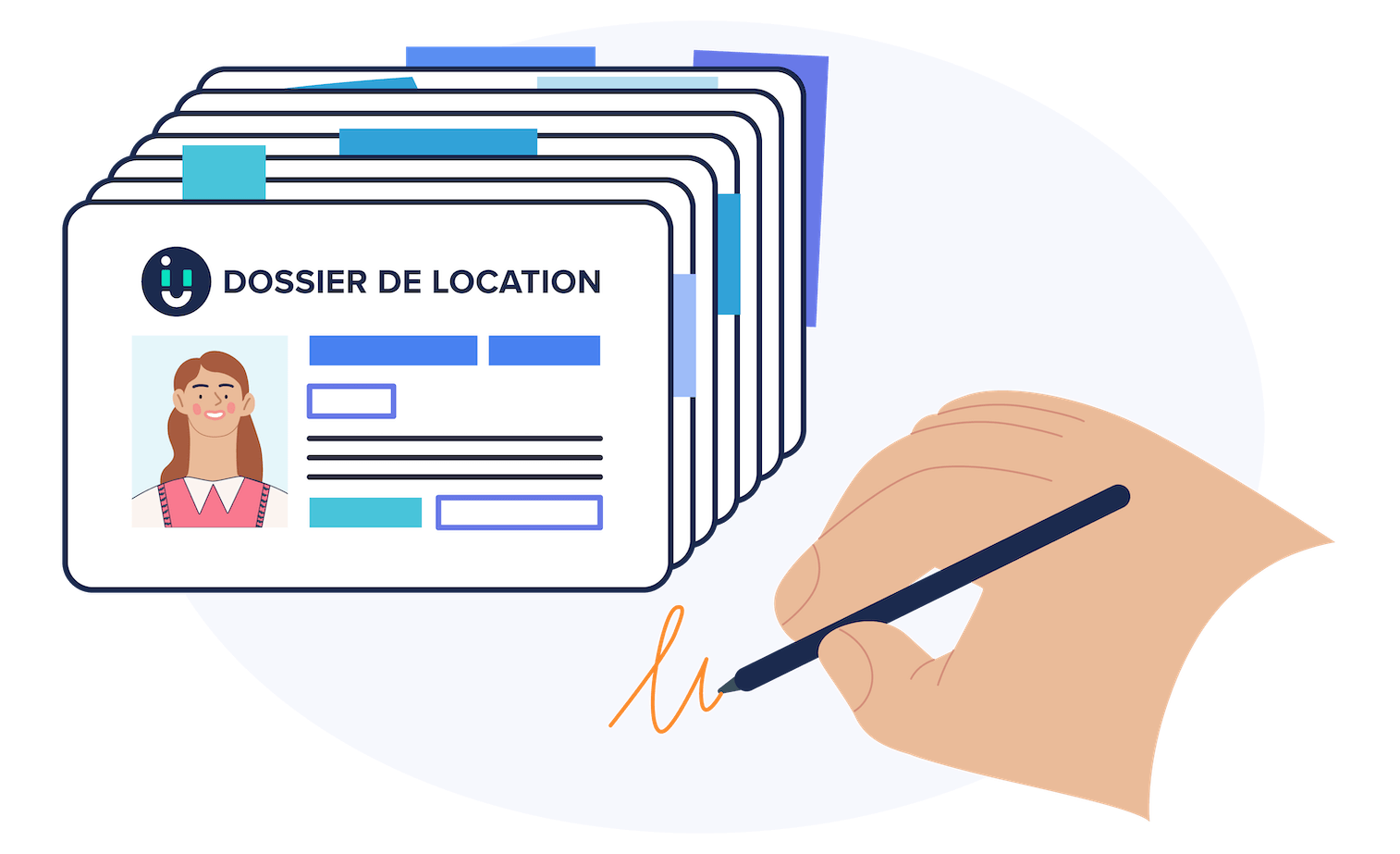 Illustration of a renter's file and a hand signing.