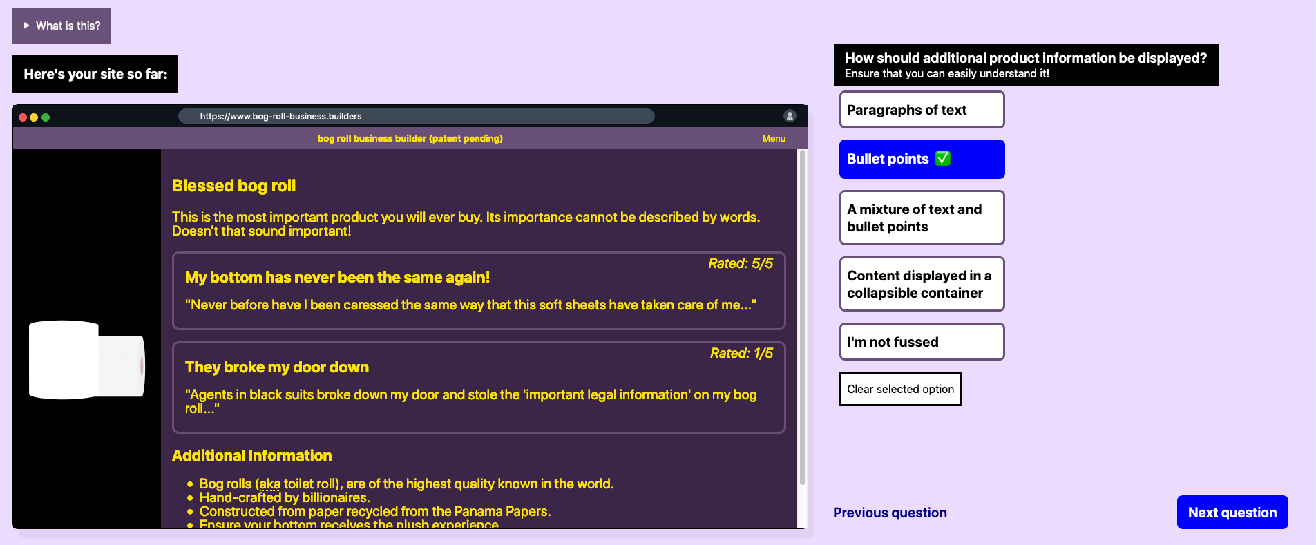 A screenshot of a user designing their bog roll business user interface. On the left of the screen, the ‘live’ site shows that the user has designed a high-contrast user interface with a focus on information being visually available. On the right of the screen the user has answered that product information should be displayed via bullet points.
