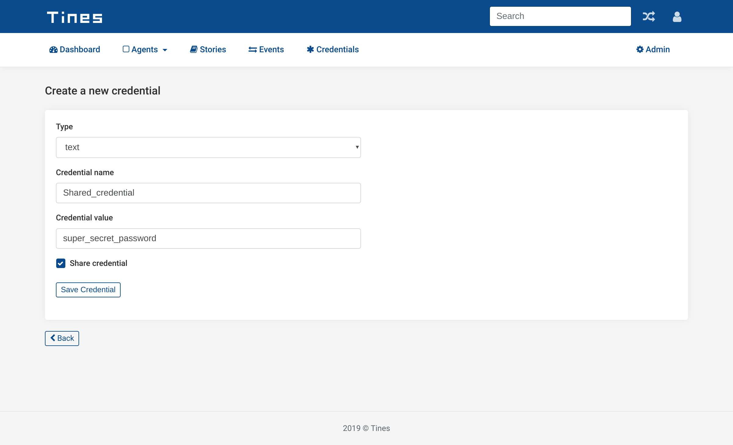 Tines creating a shared credential