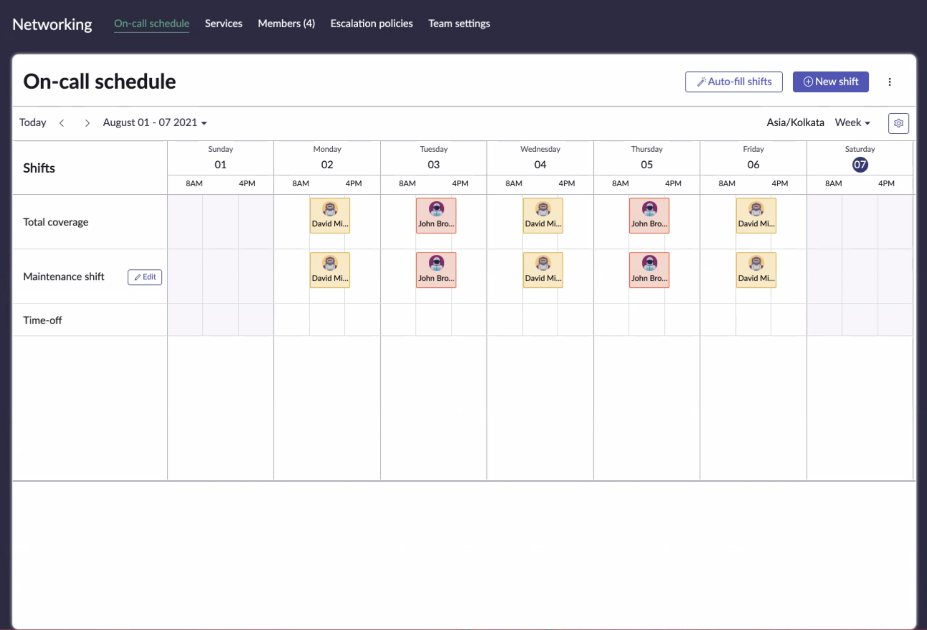 View on-call schedule page for the team.