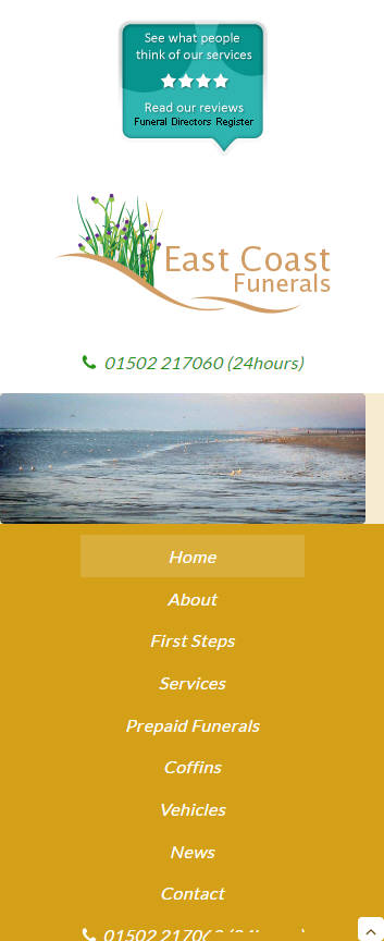 East Coast Funerals website frontpage on a mobile