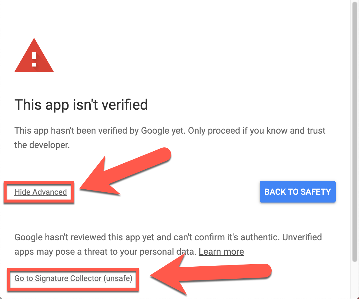 Screenshot of a screen that says "This app isn't verified" with an arrow pointing to links that say "advanced" and "go to Signature Collector (unsafe)"