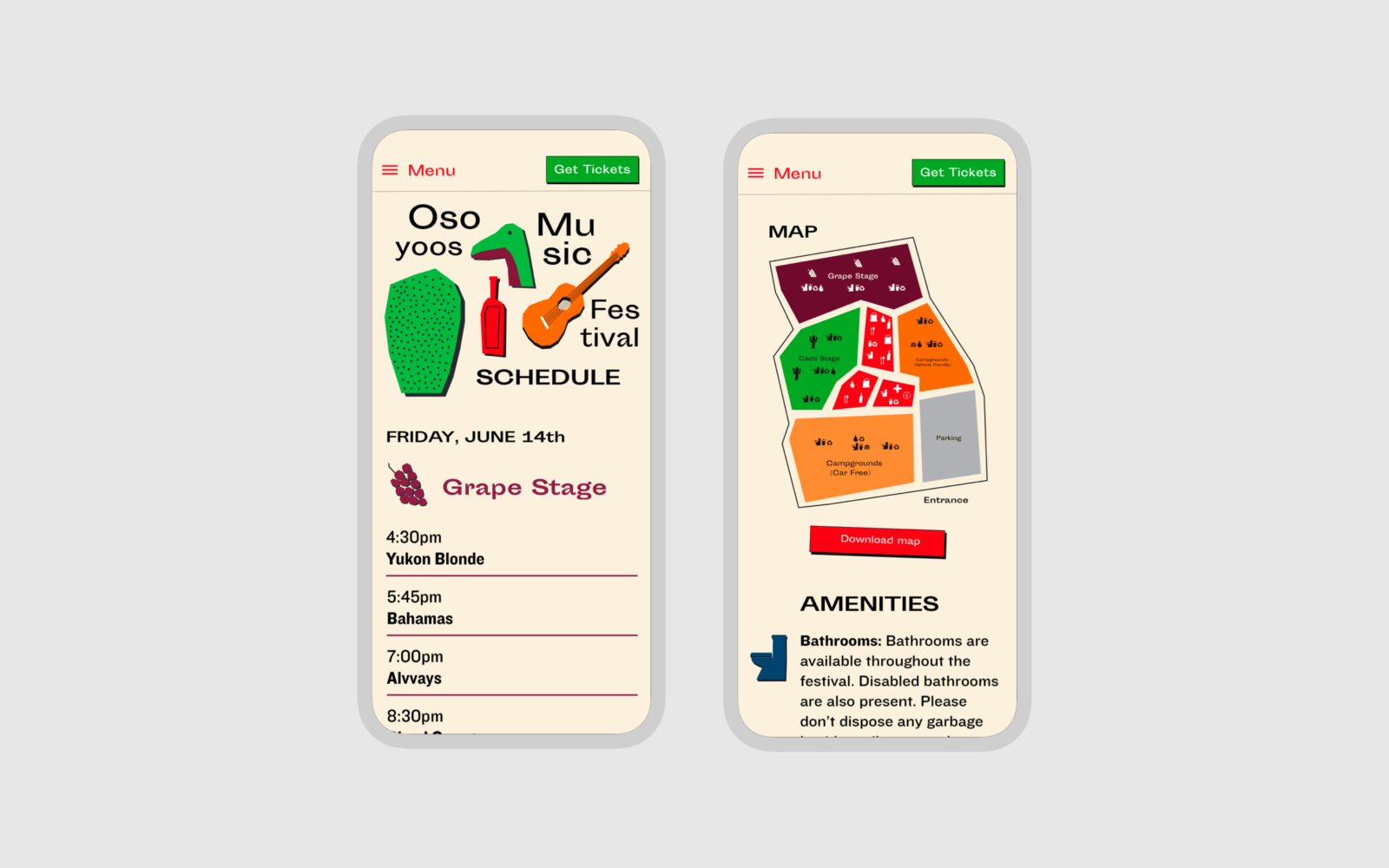 Website mockup: mobile view. The first screen shows the festival schedule. The second screen shows a map of the event and what amenities are available.