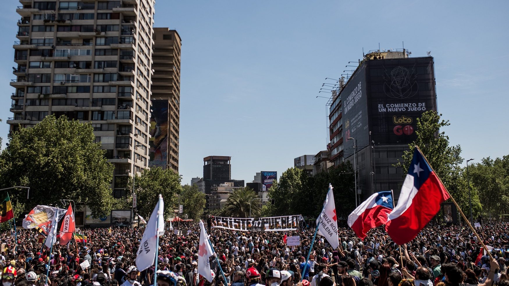 Big number of people marching through the streets of Santiago, Chile in 2019.