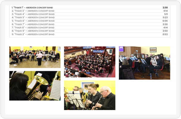 The audio and image section of the Aberdeen Concert Band Media Page showcased on a screen