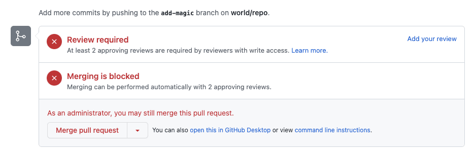 GitHub pull request UI enforcing teams' code review working agreement