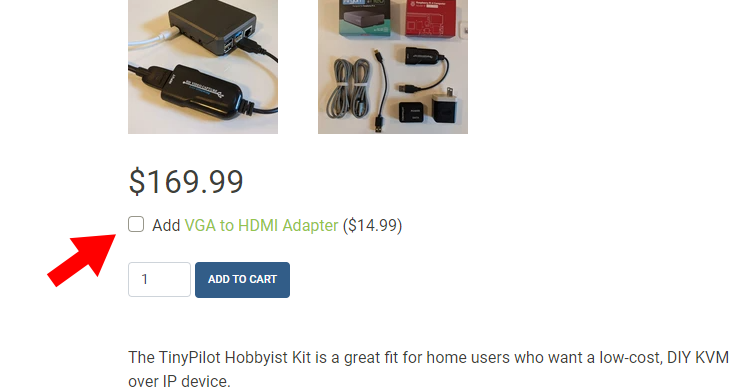 Screenshot of TinyPilot's order page showing an 'Add VGA to HDMI adapter' checkbox