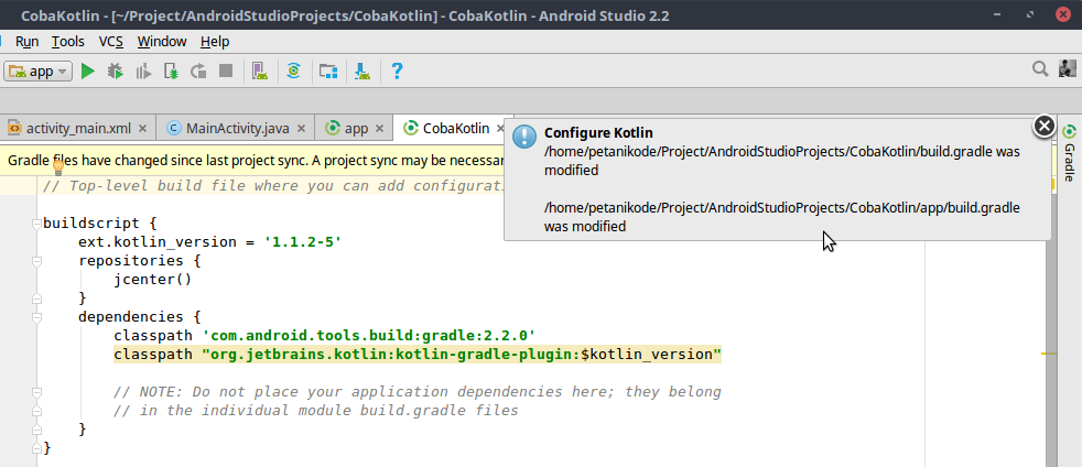 Pesan konfigurasi kotlin sukses