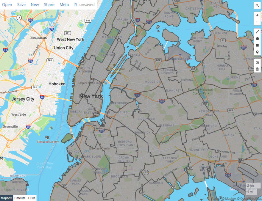 New York City with various polygons overtop of city limits. Each of those polygons is a distinct City Council district, and is a geoJSON Feature. 