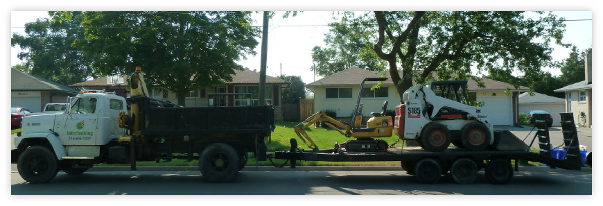 Full equipment including truck, tools, excavator, bobcat skid-steer