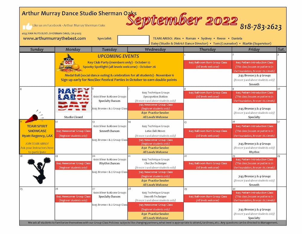 Arthur Murray Sherman Oaks Group Class Calendar