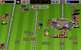 A screenshot of the Amiga version of Brutal Sports Football, showing a player who has been comically decapitated