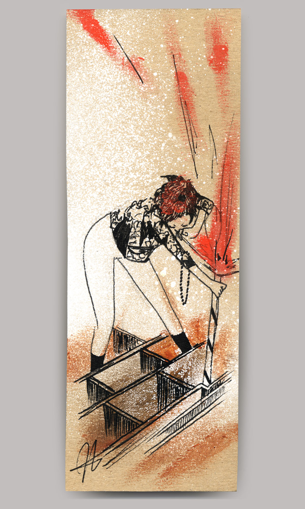 An acrylic painting on wood panel, titled 'About Love - Taipei', of a young woman struggling to assemble an oversizing bookshelf with a lit roman candle. Her left hand is covering her face from the flames of the fireworks.