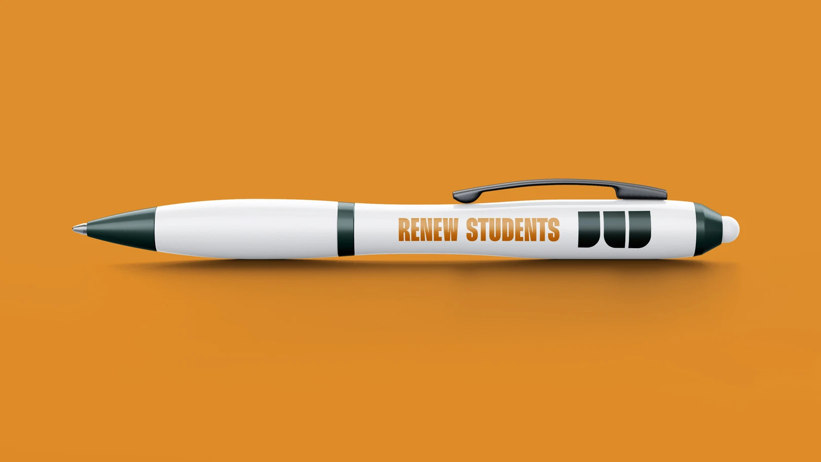 A white ben with forest green colors and the Renew Students logo icon on an orange background.