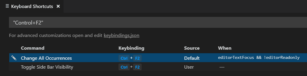 searching for control and f2 keybinding in the shotcut keyboard editor
