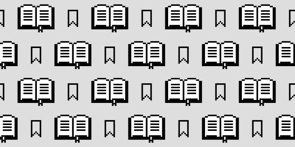 A repeating pattern of open books and notched bookmarks. Both illustrations are done in black and white pixel art on a light grey background.