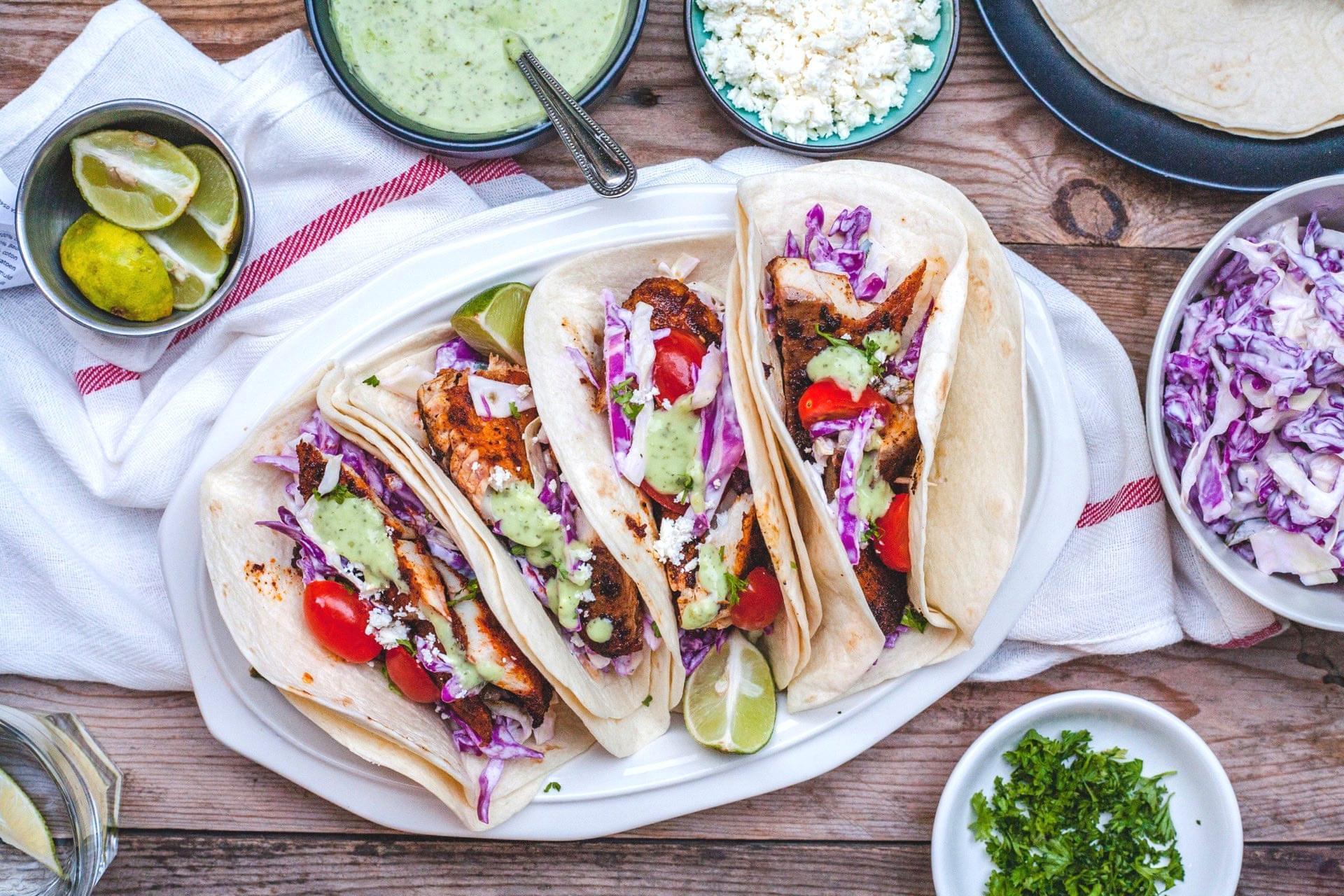 Smoky Fish Tacos With Tangy Slaw And A Coconut Lime Cilantro Sauce