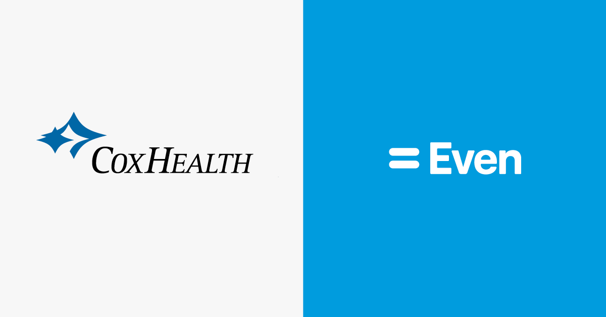 The CoxHealth logo on the left against a dark blue background, and the Even logo on the right against a lighter blue background.