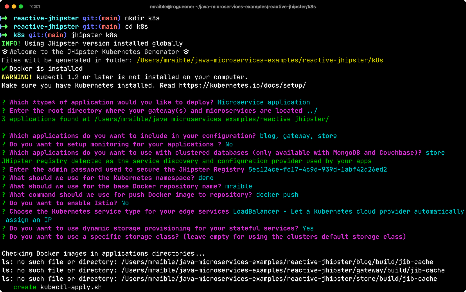 JHipster K8s command with answers