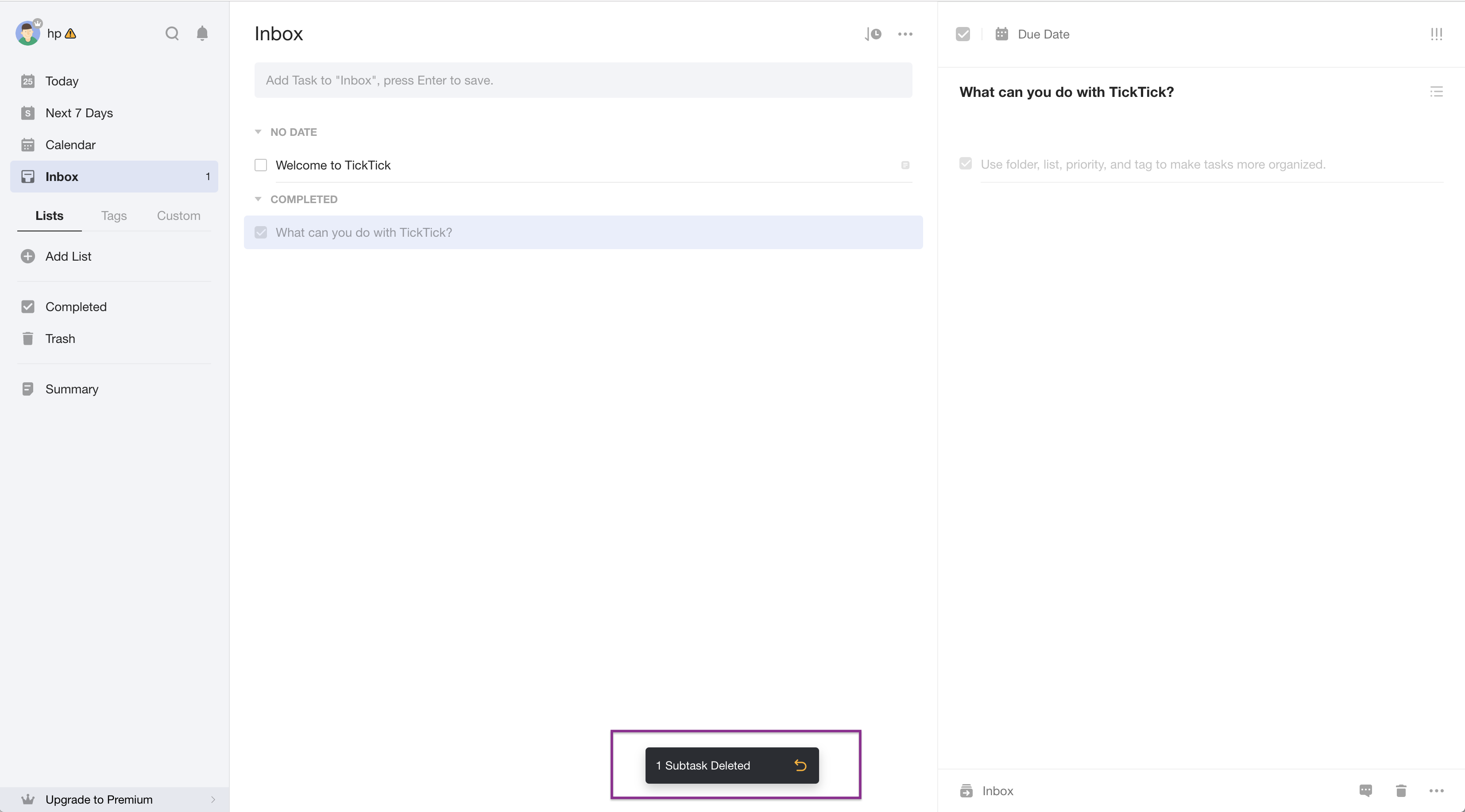 Tick Tick App - Deleting Lists