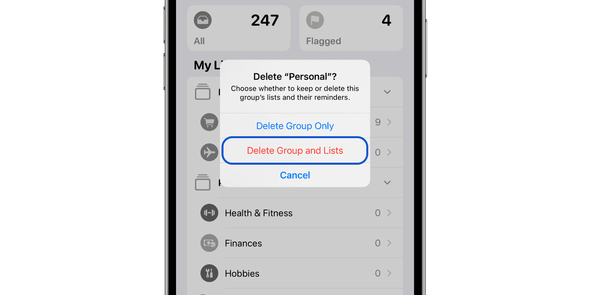 Select Delete Group and Lists to delete the group, reminder lists, and reminders