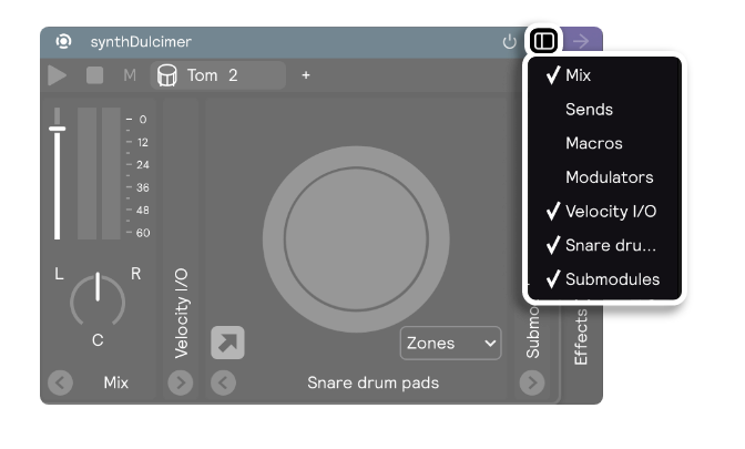 A screenshot of a Drum Pads controller with its panel view dropdown menu highlighted.