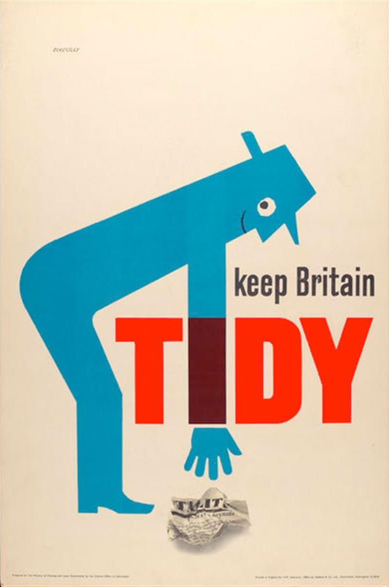 A blue man leans down to pick up litter. Large red text says keep Britain tidy