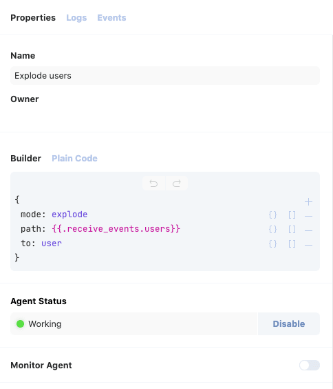 Explode users action configuration
