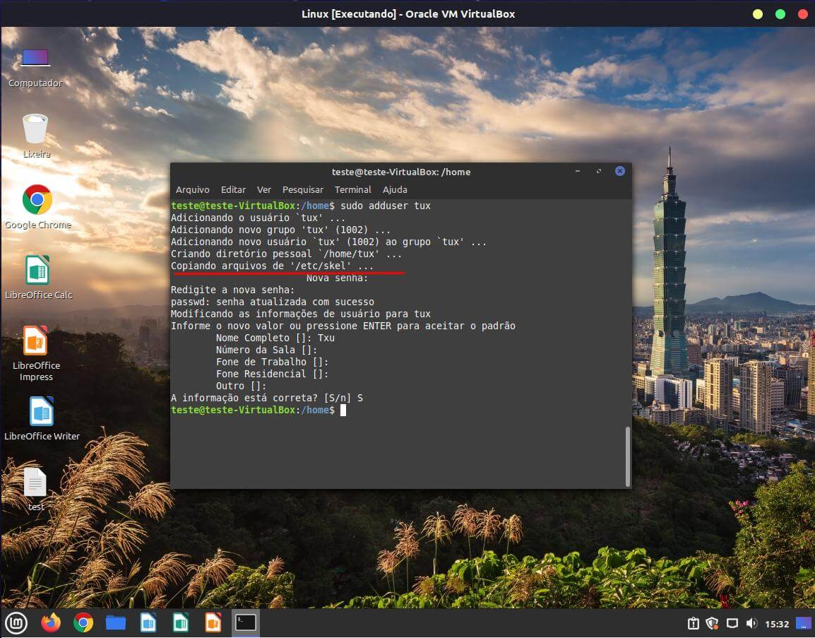 Linux Mint com criação de usuário e teste do Skel