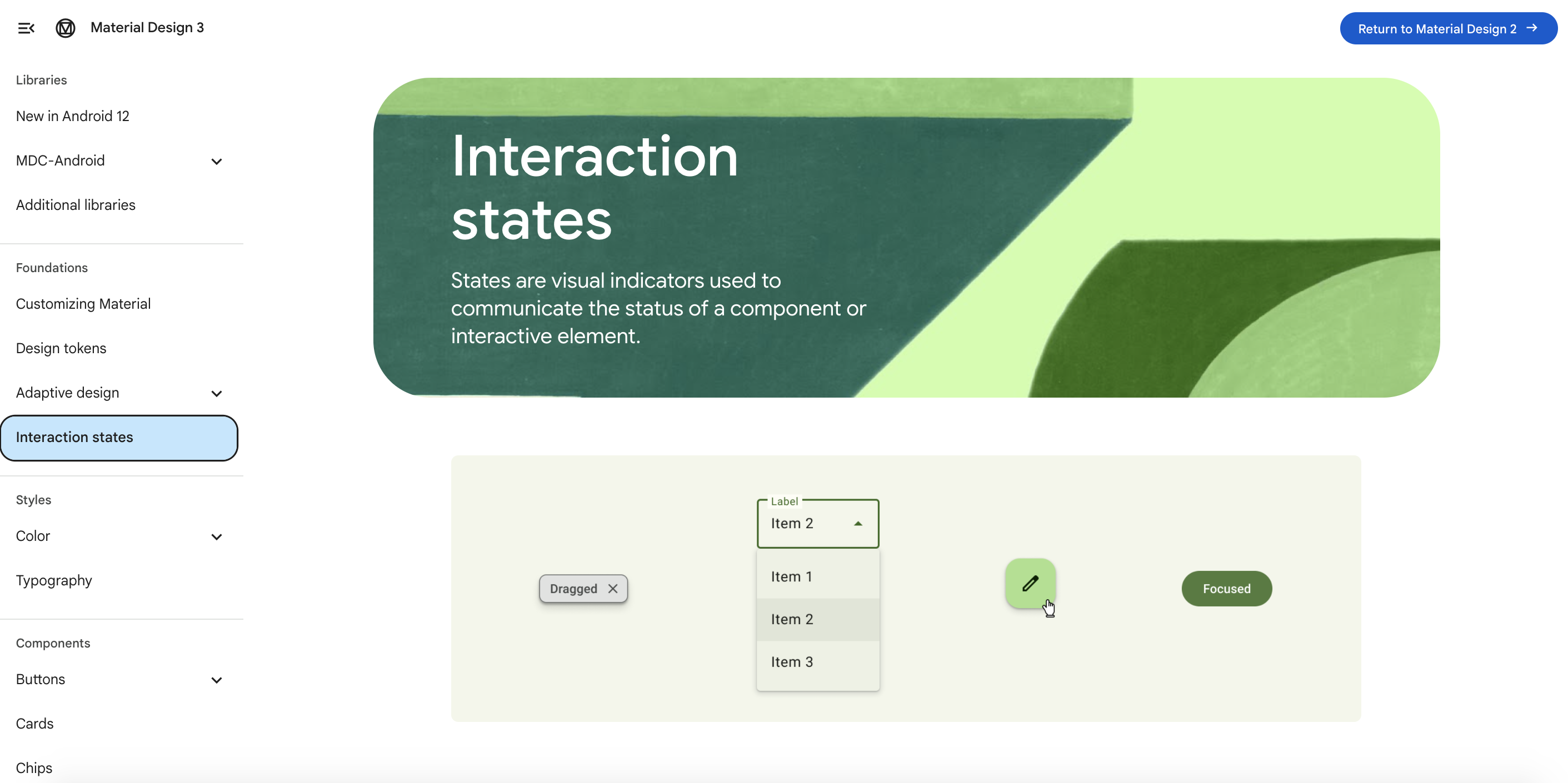 Screenshot of Material.io's M3 site detailing interaction states
