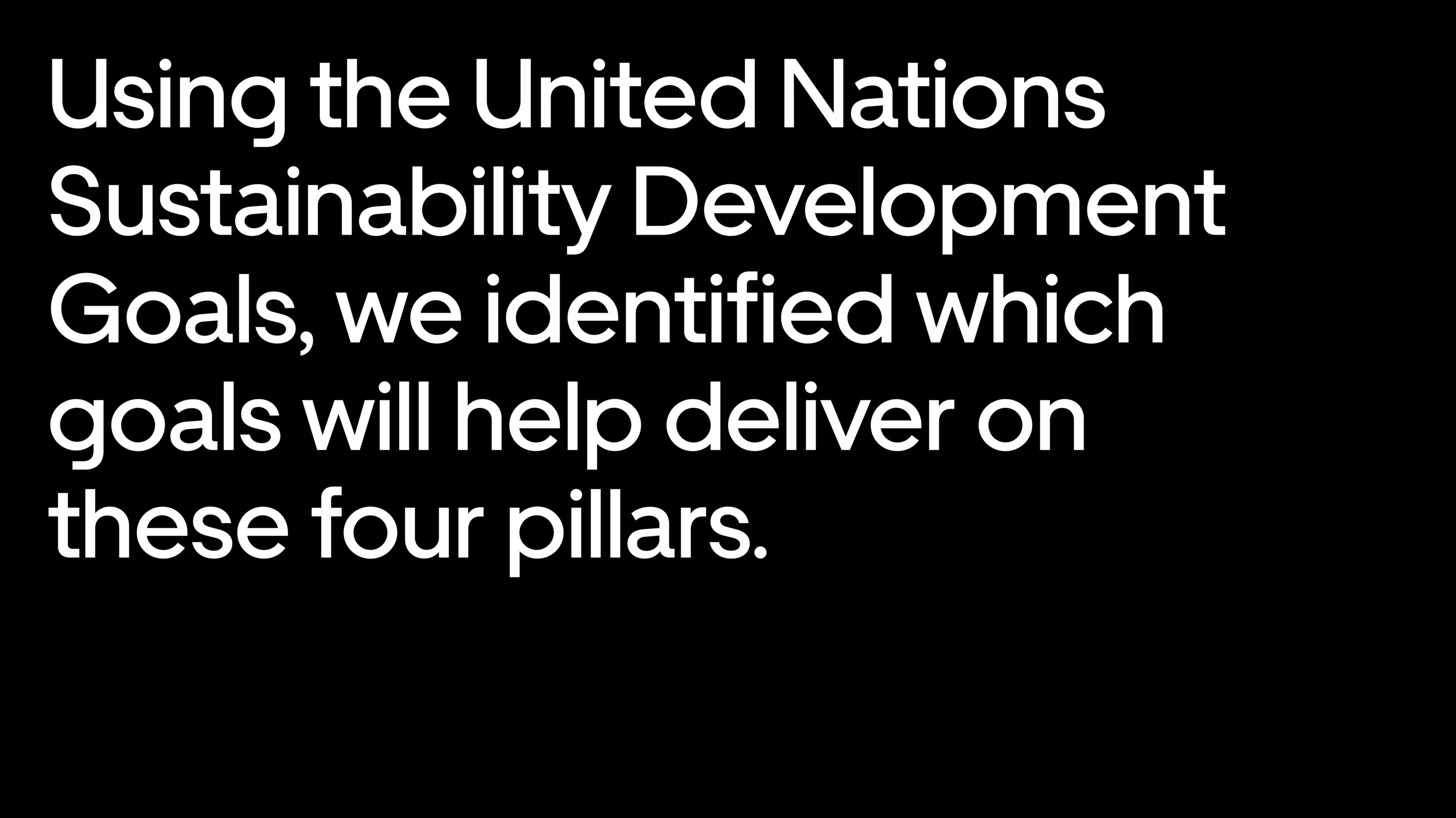 Using the United Nations Sustainability Development Goals, we identified which goals will help deliver on these four pillars.